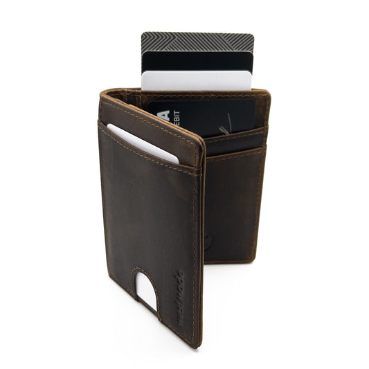 Merwin Vertical Bifold RFID Blocking Slim Quick Access Pull Tab Wallet Cowboy Brown