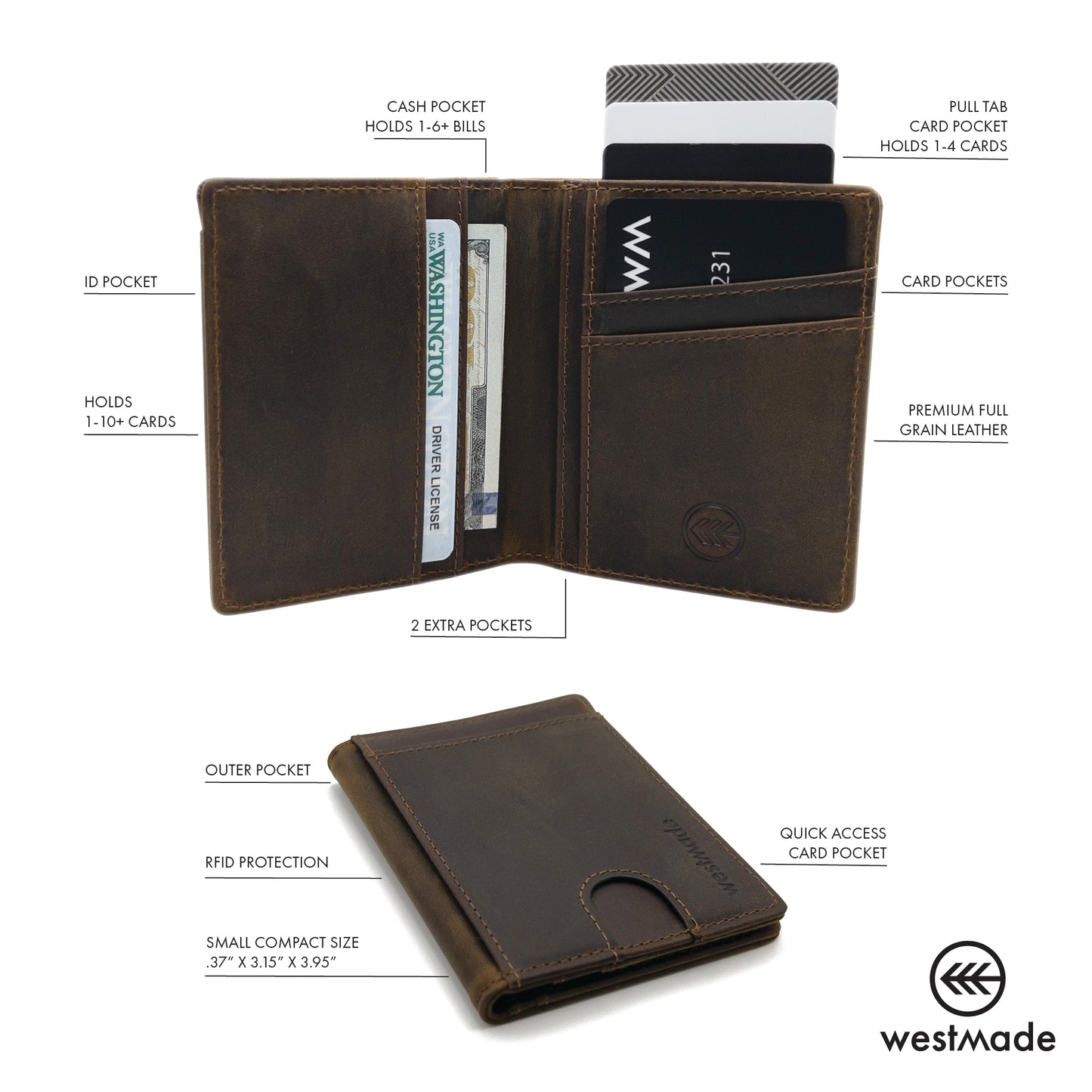 Merwin Vertical Bifold RFID Blocking Slim Quick Access Pull Tab Wallet Cowboy Brown